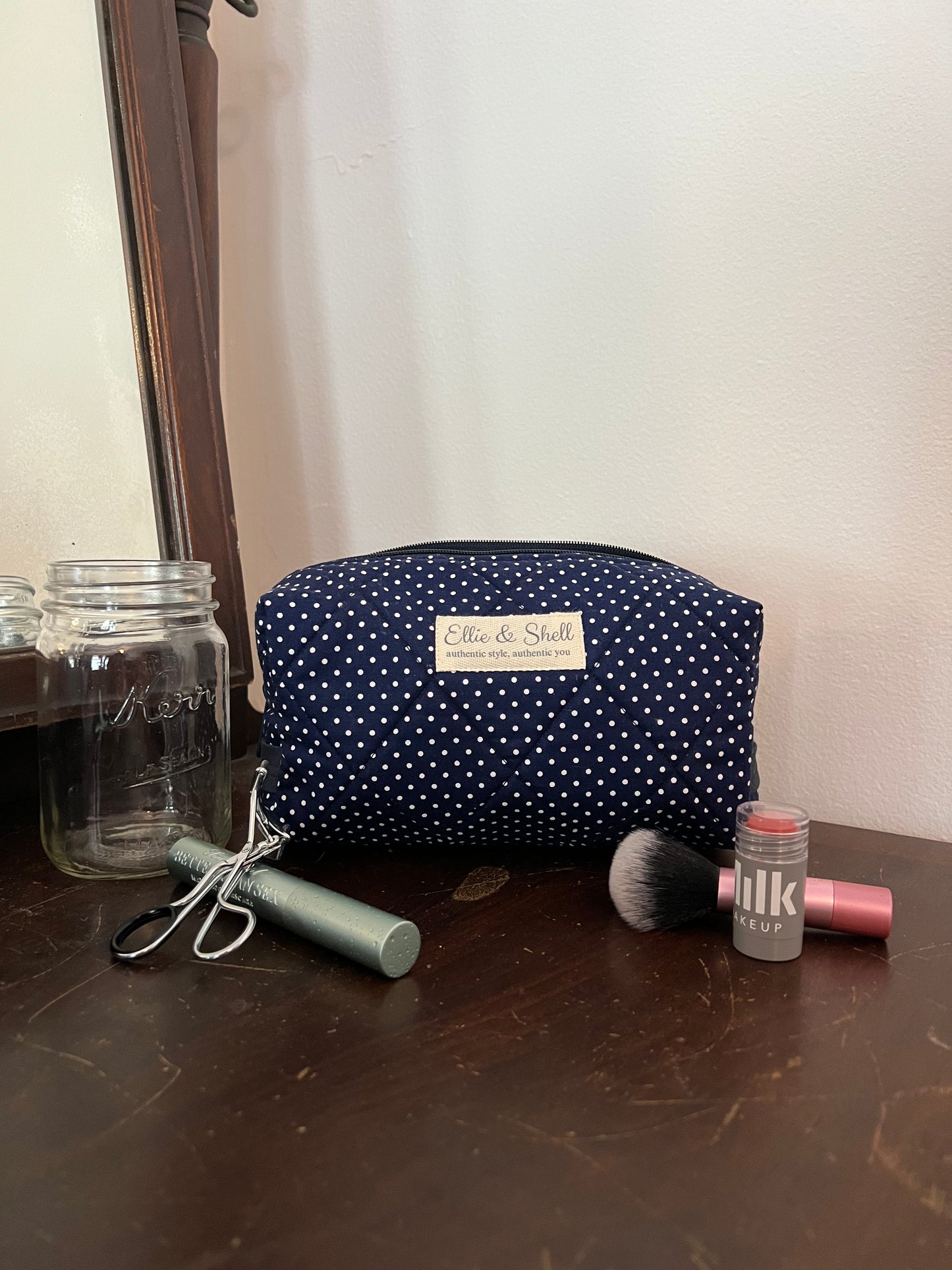 Evergreen Boxie in Navy Polka Dot