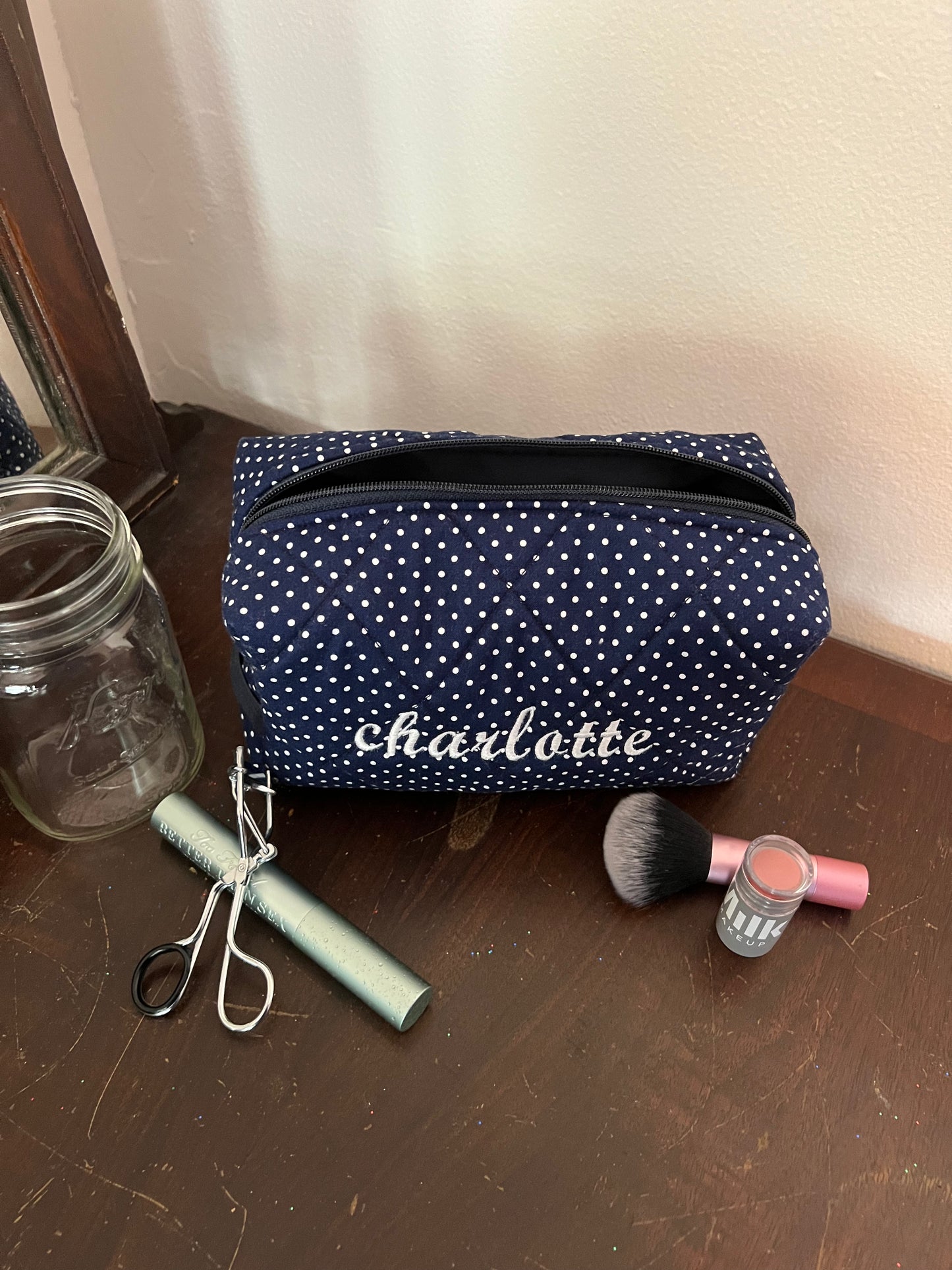 Evergreen Boxie in Navy Polka Dot